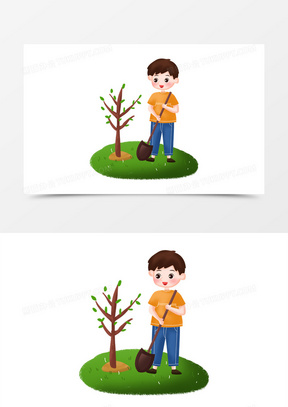 植树节之手绘卡通男孩种树