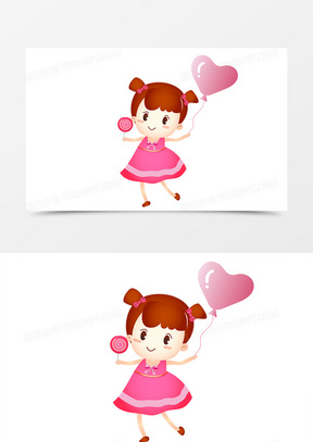 粉色可爱矢量手拿棒棒糖粉红气球矢量卡通儿童节马尾辫小女孩免扣元素