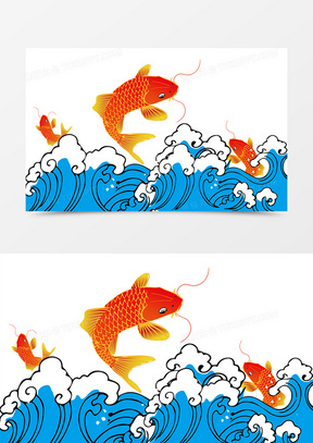 手绘浮世绘鲤鱼装饰效果图案元素