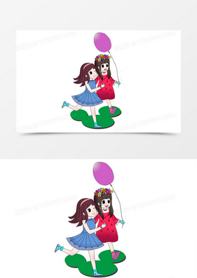 卡通简约两个玩耍的小女孩