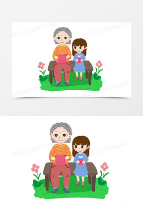 关爱老人卡通陪奶奶织毛衣元素