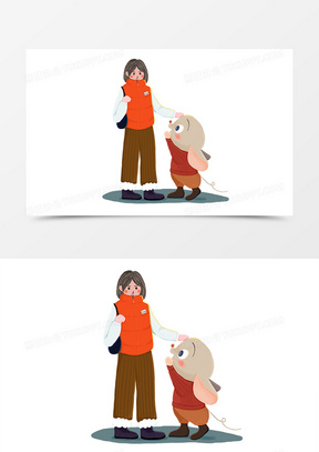 卡通可爱新年女生与老鼠互动元素