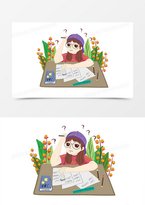 卡通可爱女孩思考问题创意元素