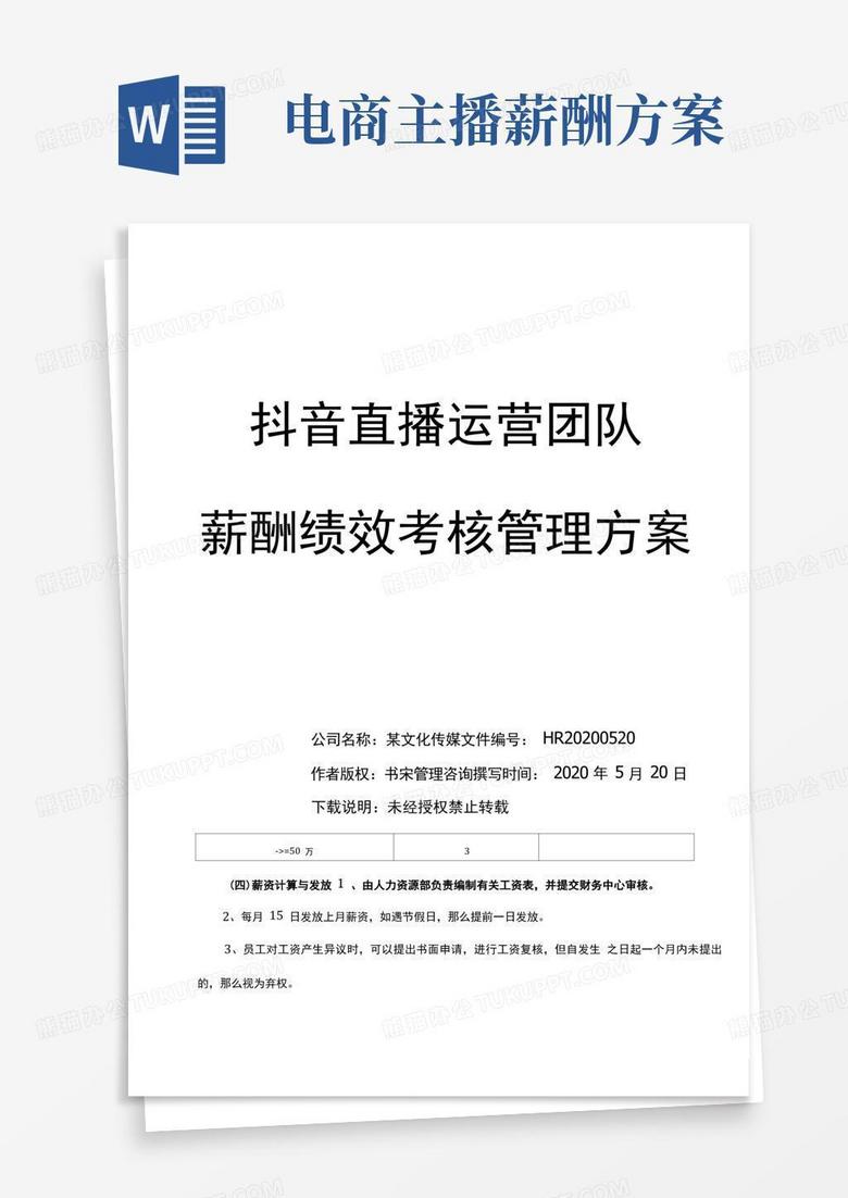 抖音直播运营团队薪酬绩效考核管理方案(直播带货团队薪酬绩效提成方案)