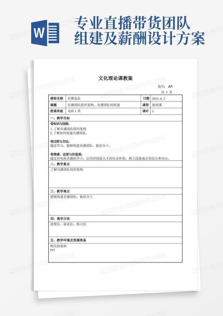 《直播团队组织架构、直播团队的组建》教案附团队人员职能分工