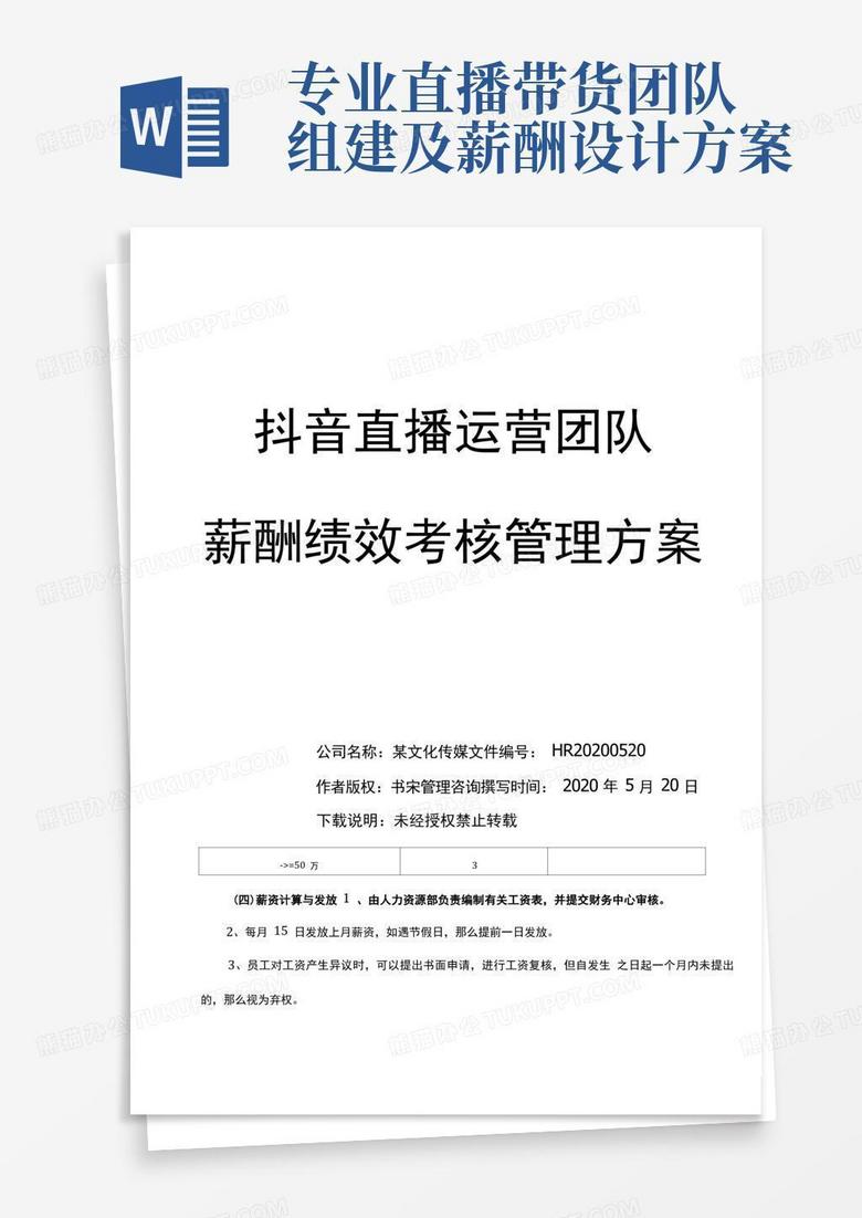 抖音直播运营团队薪酬绩效考核管理方案(直播带货团队薪酬绩效提成方案)