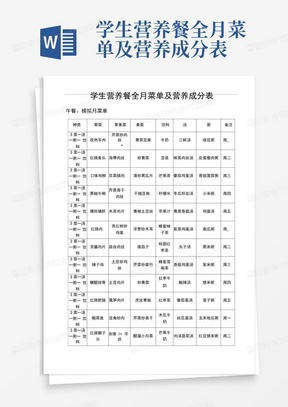 学生营养餐全月菜单及营养成分表