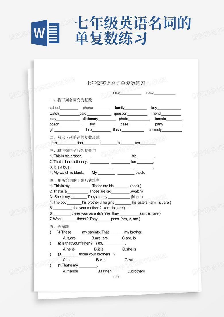 七年级英语名词的单复数练习Word模板下载_编号qjzpmjek_熊猫办公