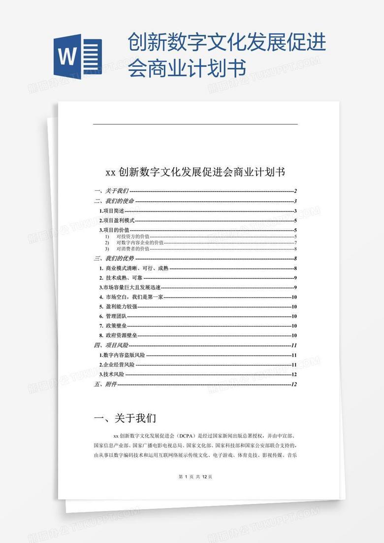 xx创新数字文化发展促进会商业计划书