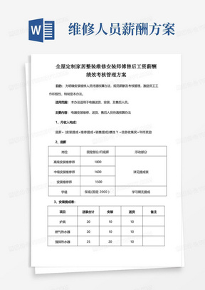 全屋定制家居整装维修安装师傅售后工资薪酬绩效考核管理方案