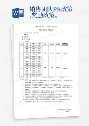 销售团队PK政策,奖励政策。