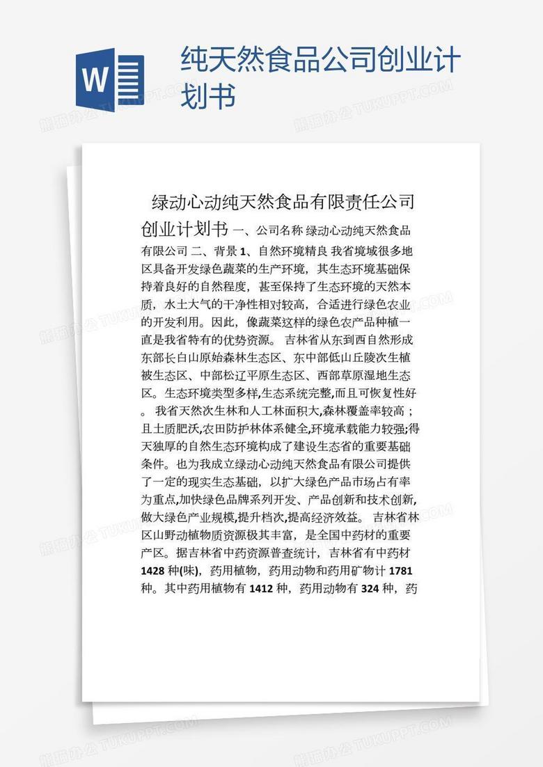 纯天然食品公司创业计划书