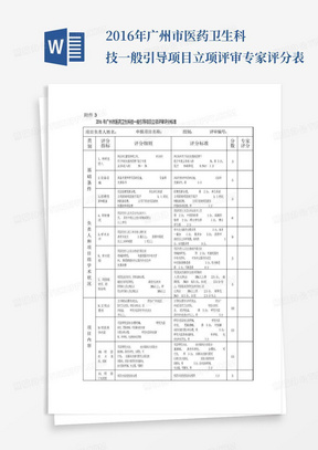 2016年广州市医药卫生科技一般引导项目立项评审专家评分表