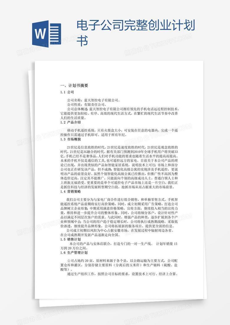 电子公司完整创业计划书