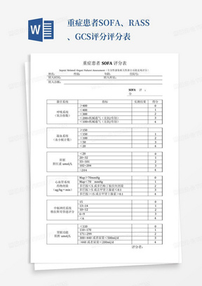 重症患者SOFA、RASS、GCS评分评分表