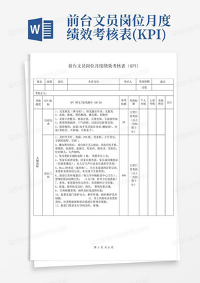 前台文员岗位月度绩效考核表(KPI)