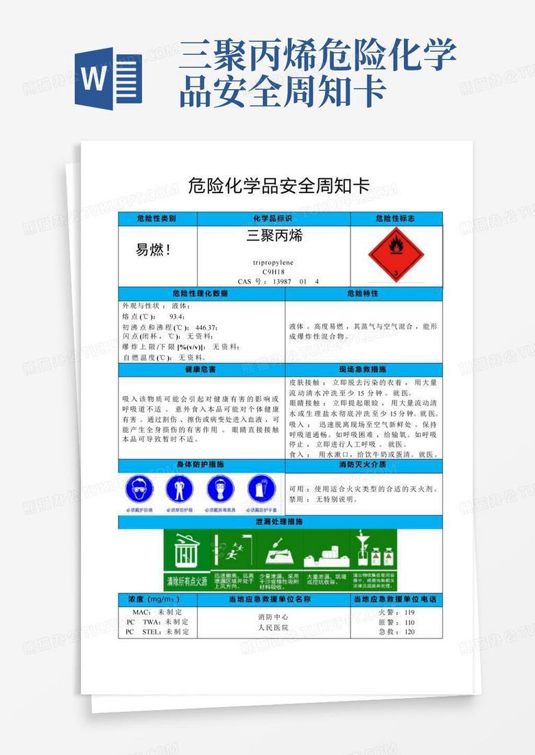 三聚丙烯-危险化学品安全周知卡Word模板下载_编号lrapwxwj_熊猫办公