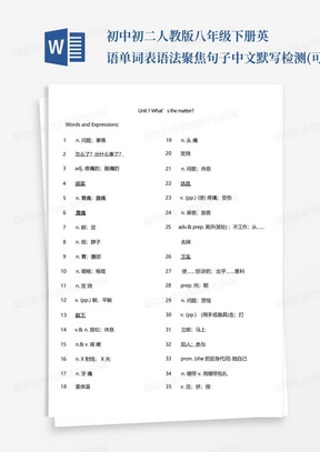 初中初二人教版八年级下册英语单词表语法聚焦句子中文默写检测(可编