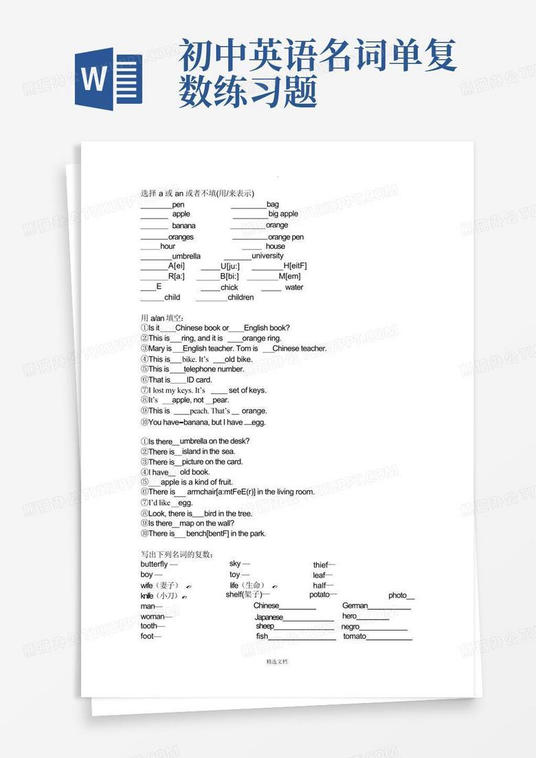 初中英语名词单复数练习题Word模板下载_编号qxgzavmy_熊猫办公