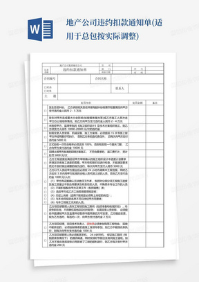 地产公司违约扣款通知单(适用于总包按实际调整)