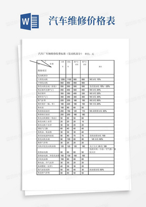 汽车维修价格表