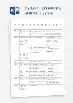 北京版英语小学四下期末复习资料单词短语句子总结