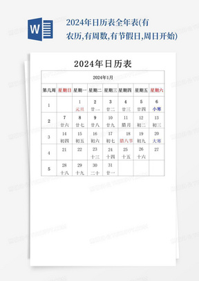 2024年日历表全年表(有农历,有周数,有节假日,周日开始)