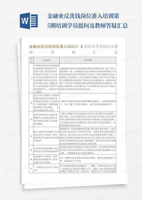 金融业反洗钱岗位准入培训第5期培训学员提问及教师答疑汇总