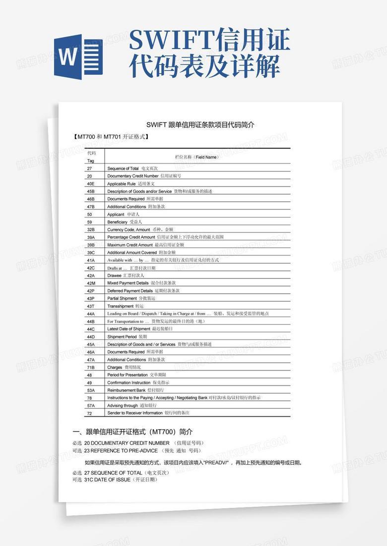 swift信用证代码表及详解Word模板下载_编号lwdkvgzm_熊猫办公