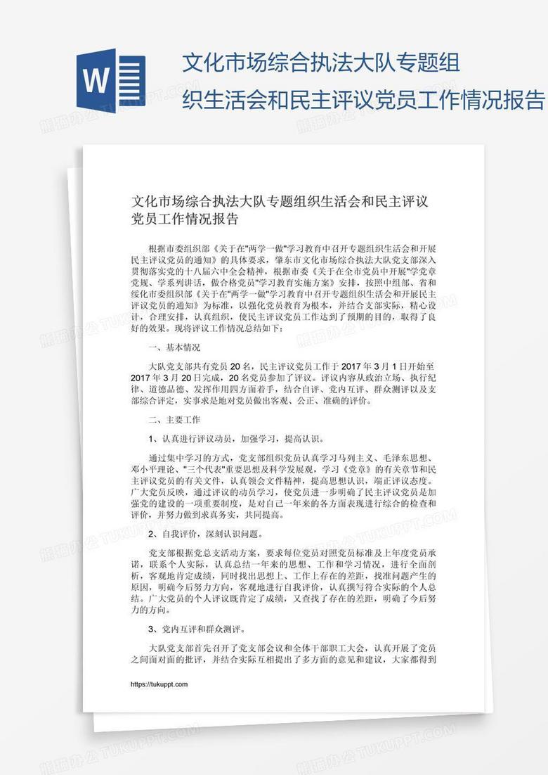 文化市场综合执法大队专题组织生活会和民主评议党员工作情况报告