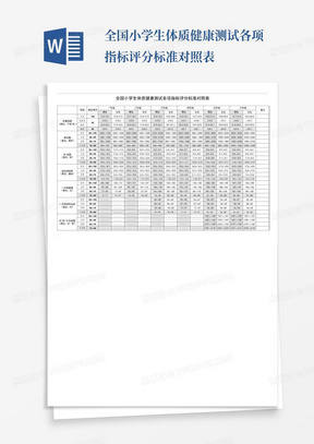 全国小学生体质健康测试各项指标评分标准对照表