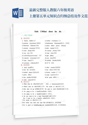 最新完整版人教版六年级英语上册第五单元知识点归纳总结及作文范文