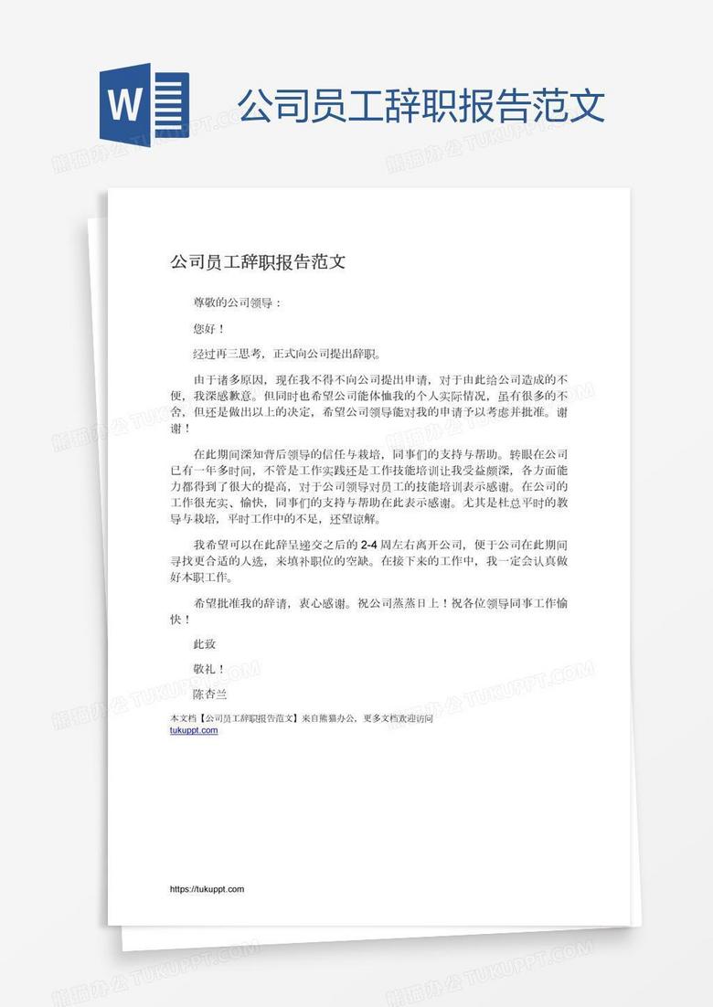 公司员工辞职报告范文