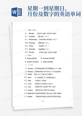 星期一到星期日、月份及数字的英语单词