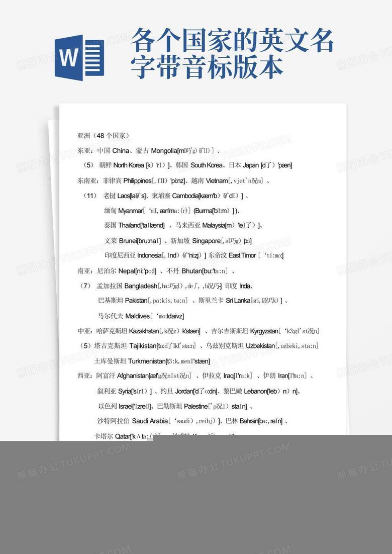 各个国家的英文名字带音标版本Word模板下载_编号qkxjzvab_熊猫办公