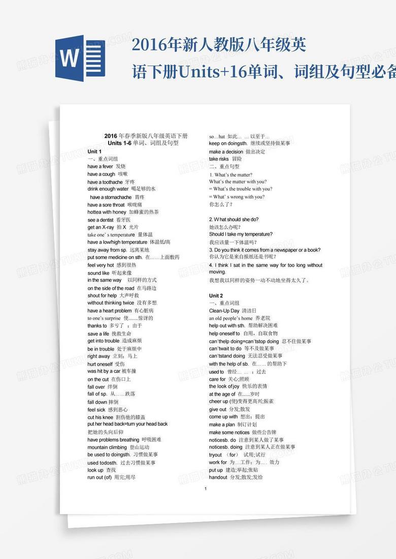2016年新人教版八年级英语下册units+1-6单词、词组及句型必备得分要点Word模板下载_编号qvxmrnxy_熊猫办公