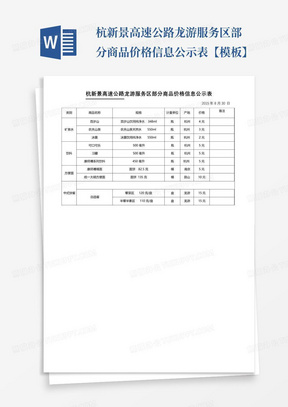 杭新景高速公路龙游服务区部分商品价格信息公示表【模板】