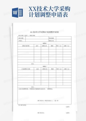 XX技术大学采购计划调整申请表