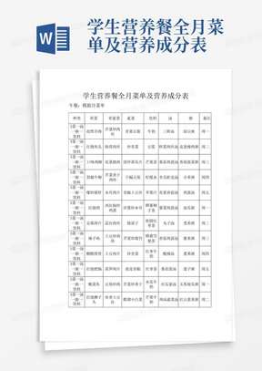 学生营养餐全月菜单及营养成分表