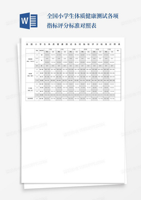 全国小学生体质健康测试各项指标评分标准对照表