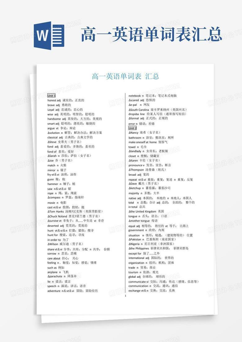高一英语单词表汇总Word模板下载_编号ljewyjar_熊猫办公