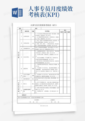 人事专员月度绩效考核表(KPI)