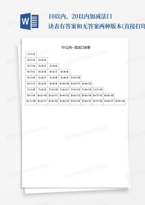 10以内、20以内加减法口诀表-有答案和无答案两种版本--(直接打印)_百...