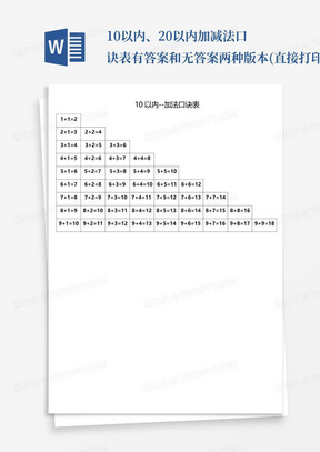 10以内、20以内加减法口诀表有答案和无答案两种版本(直接打印)