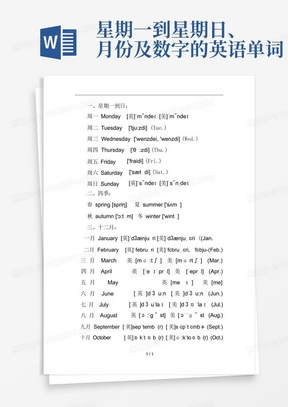 星期一到星期日、月份及数字的英语单词