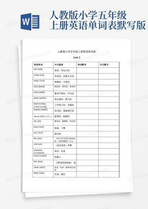 人教版小学五年级上册英语单词表默写版