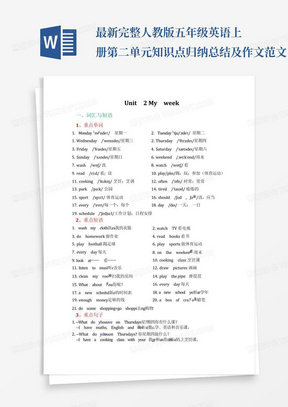 最新完整人教版五年级英语上册第二单元知识点归纳总结及作文范文