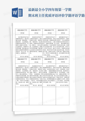 最新最全小学四年级第一学期期末班主任优质评语评价学籍评语学籍卡学籍