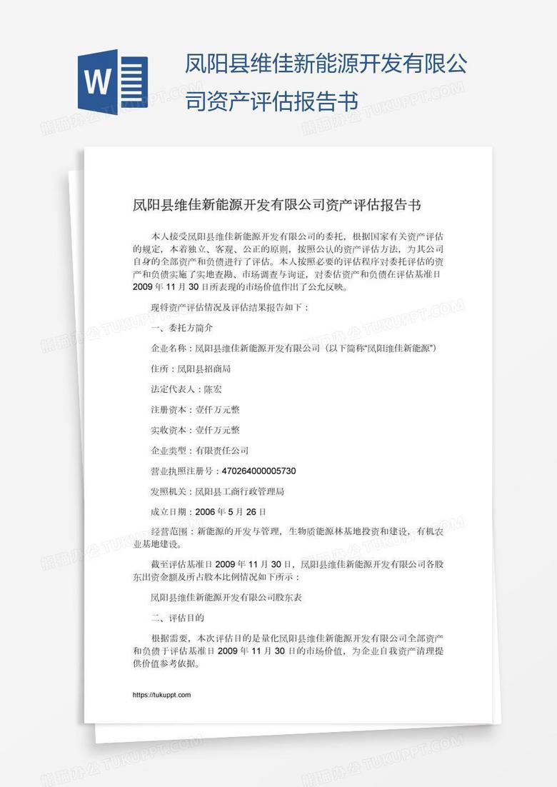 凤阳县维佳新能源开发有限公司资产评估报告书