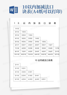 10以内加减法口诀表(A4纸可以打印)